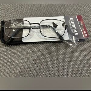 ESSENTIALS FOSTER GRANT “gun metal” rectangle lens readers & case. NEW. +3.25